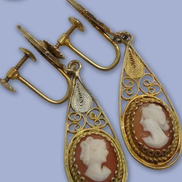 835 Silver Antique/Vintage Italian Carved Shell Cameo Earrings - Picture 10 of 11